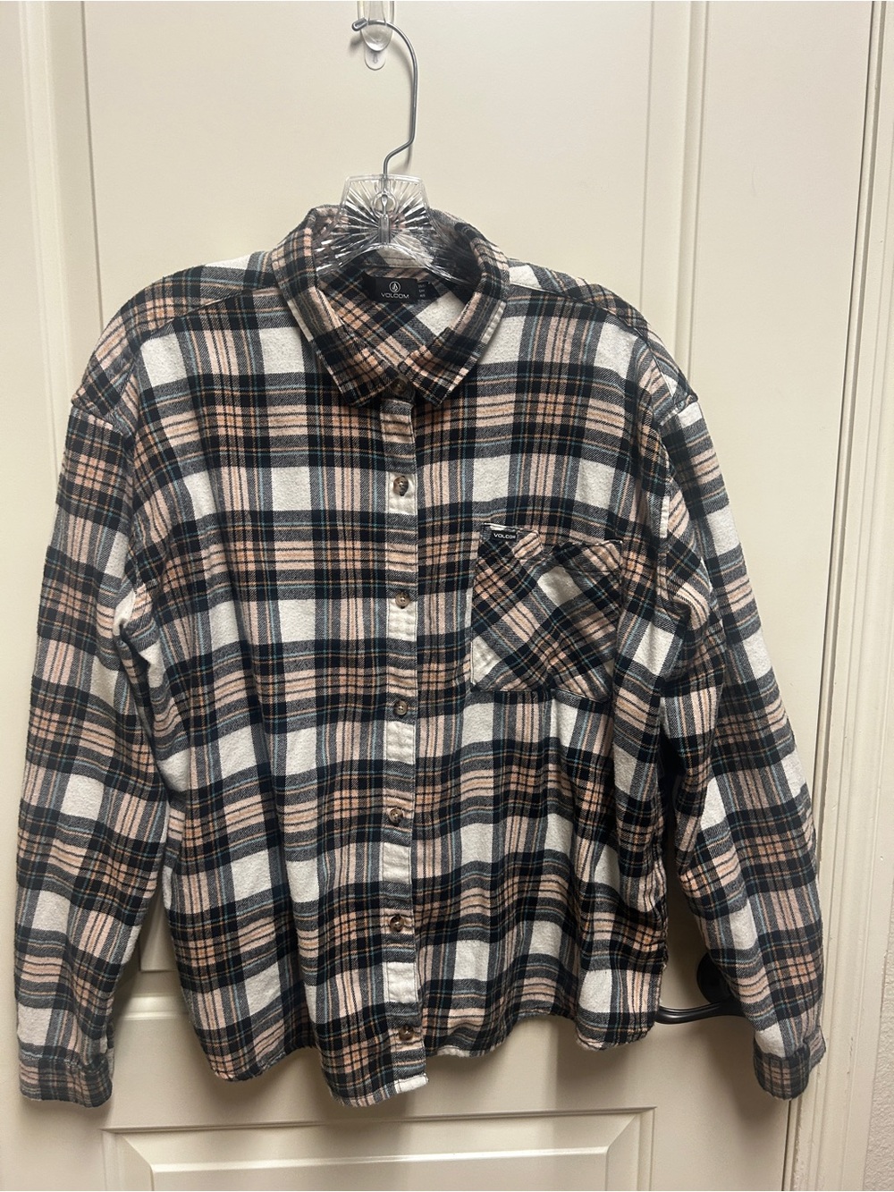 Volcom Plaid Shirt in Black, Peach, Teal, & Ivory, Size Large / 10